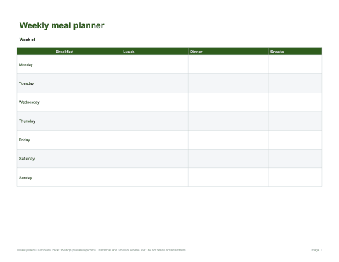 Preview of the first page of Weekly meal planner (PDF/DOCX)