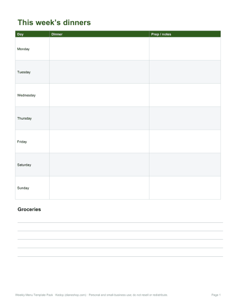 Preview of the first page of Dinners-only planner