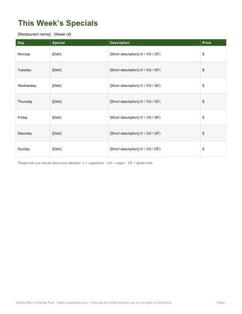 Preview of the first page of Weekly specials (DOCX/PDF)