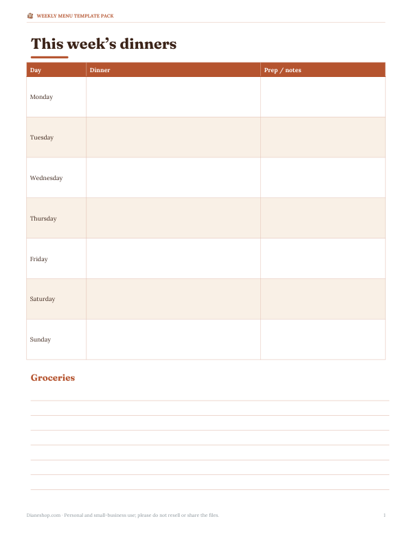 Preview of Printable Weekly Dinner Planner
