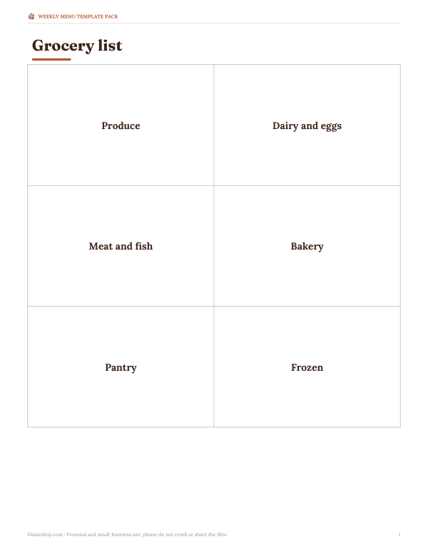 Preview of Printable Grocery List