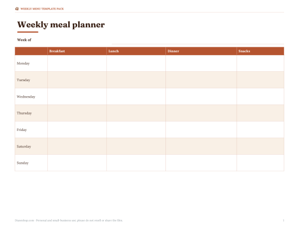 Preview of Printable Weekly Meal Planner