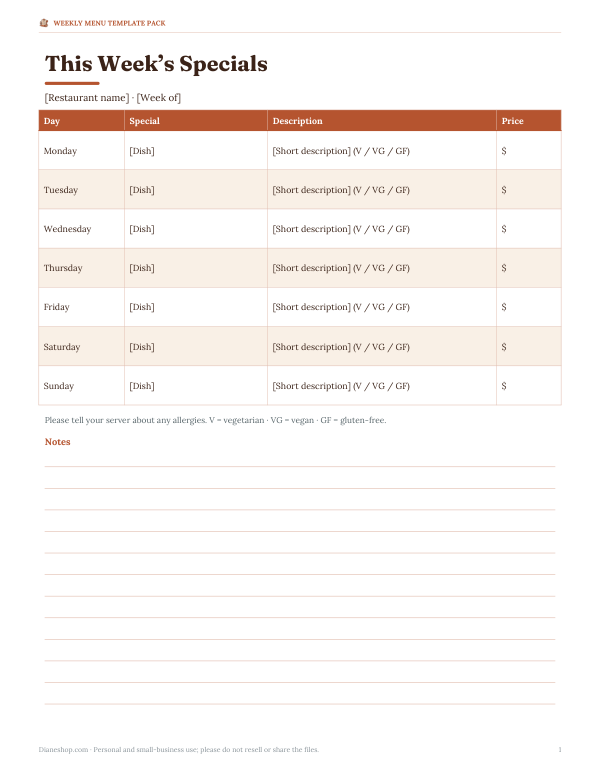Preview of Printable Weekly Specials Menu
